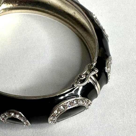 Black Enamel & Rhinestone Oval Design Bangle Bracelet By Lia Sophia Silver-tone - Picture 5 of 6